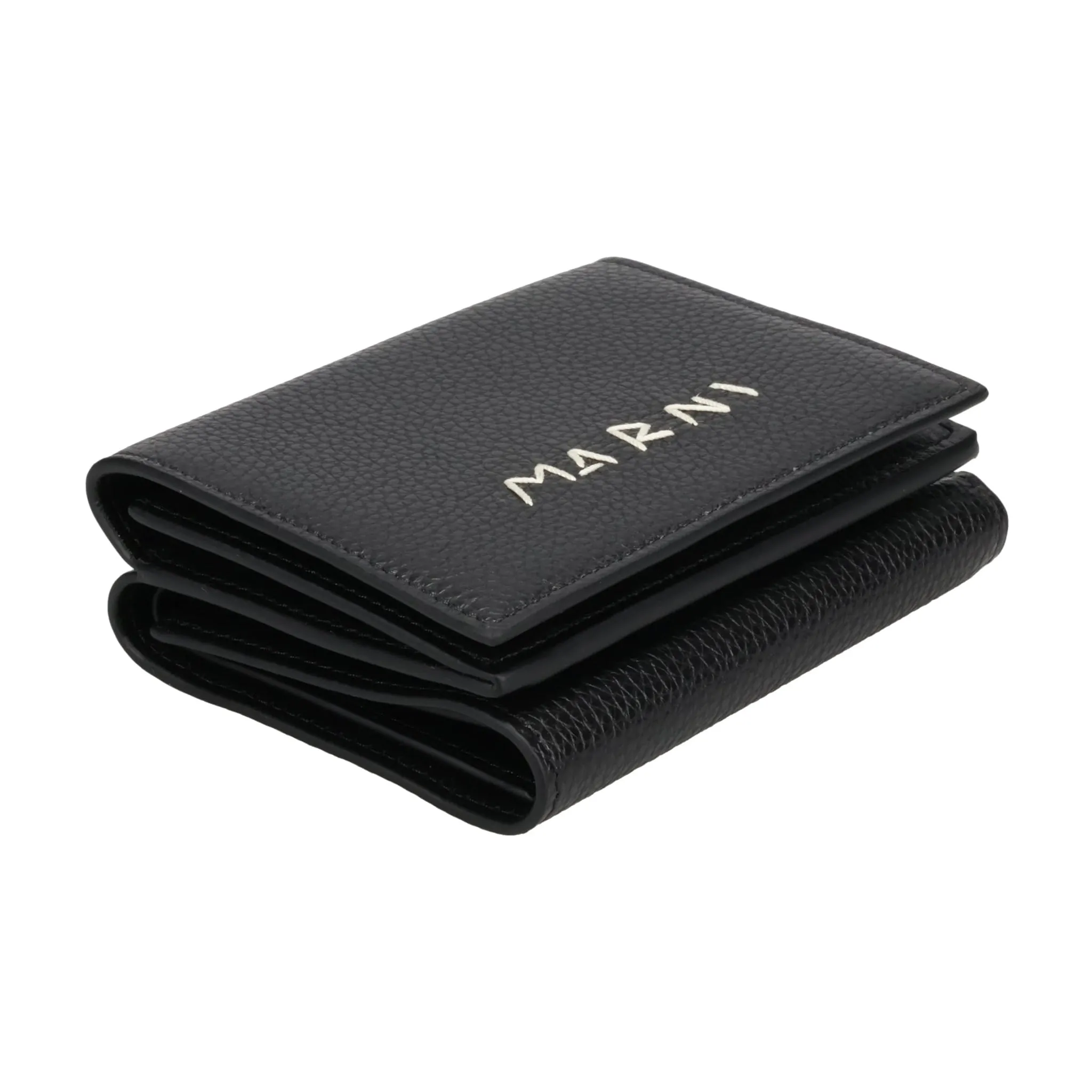 BLACK LEATHER TRIFOLD WALLET WITH MARNI MENDING EMBROIDERY / 00N99